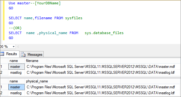 SQL Server: Find database mdf and ldf physical file locations using T ...