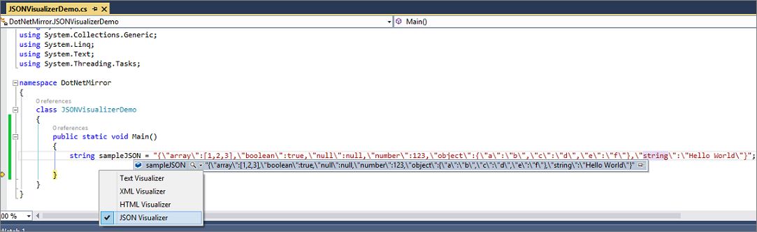 Getting JSON Visualizer from DataTips