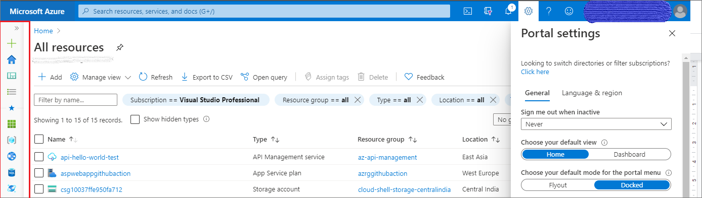 Azure Portal settings - Docked Menu View